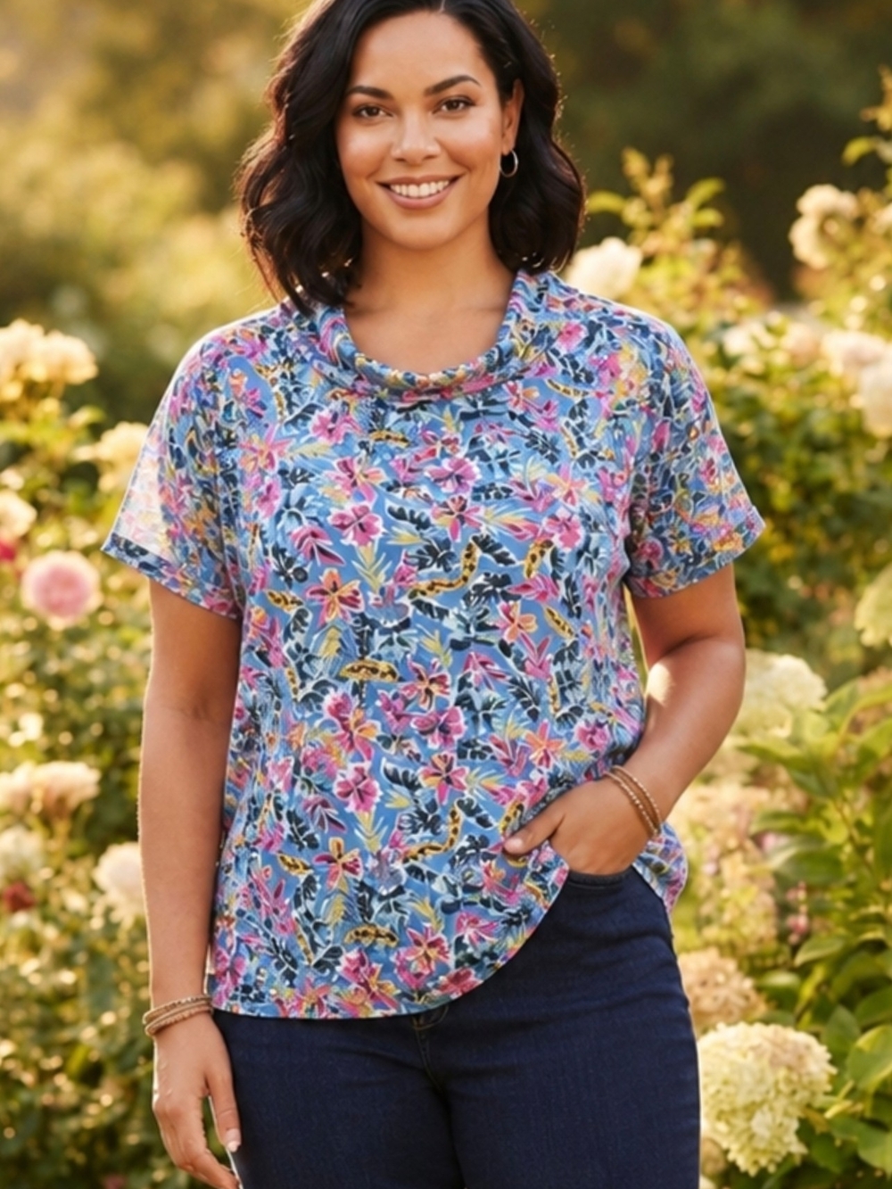 Island Collection Cowl Neck Floral Short Sleeve Top - Blue Multi (SKU 0166)